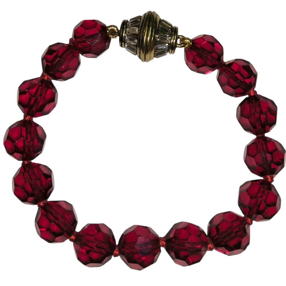 Ruby Red Faceted Crystal Bracelet Hand Knotted Rhinestone Magnetic Clasp